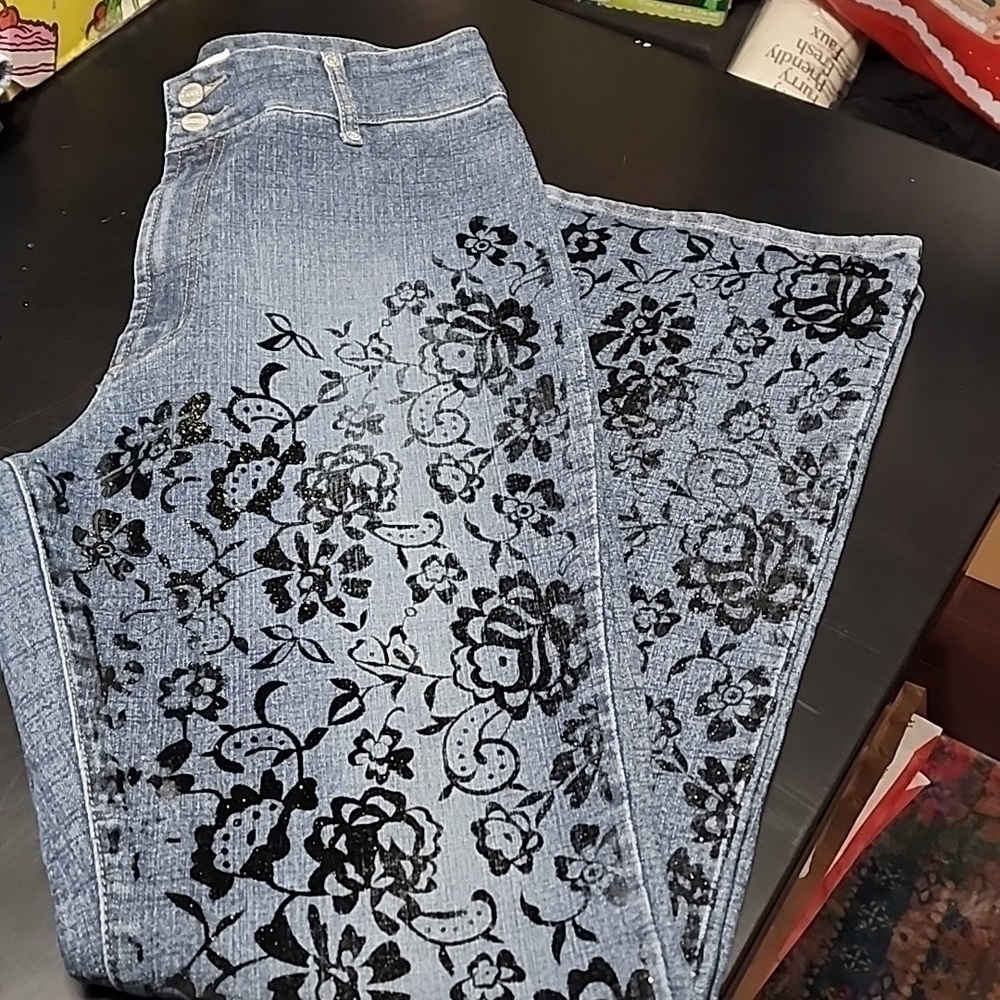 Vintage London Blue Vigoss Jeans w/glittery velvet pattern Sz 17/18